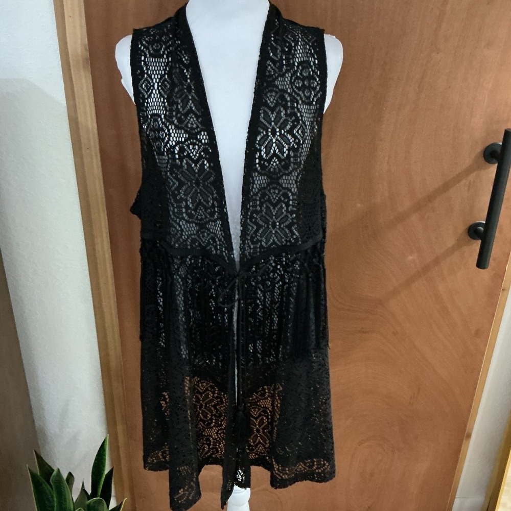 Black Lace Fringe Long Vest Boho Festival Duster Whimsygoth Oversized Med. Plus - Picture 3 of 13
